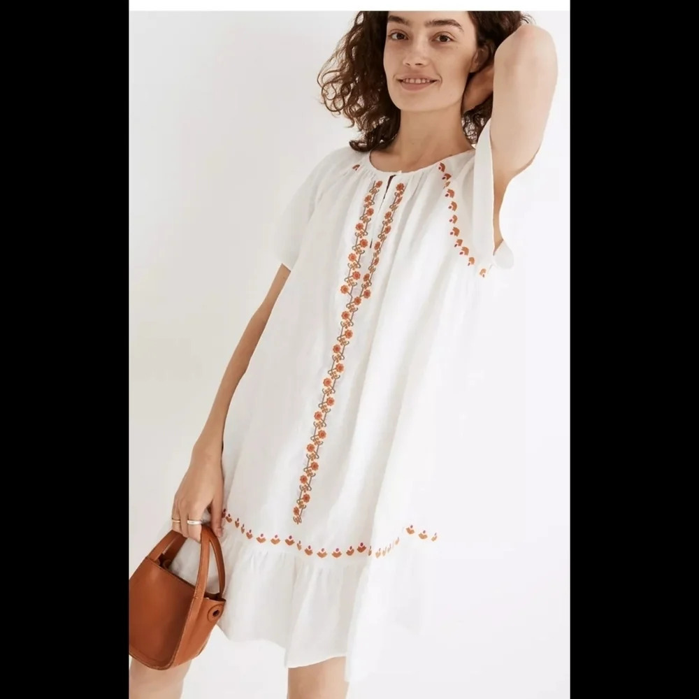 Madewell Embroidered‎ Linen Blend Raglan Ruffle Mini Dress